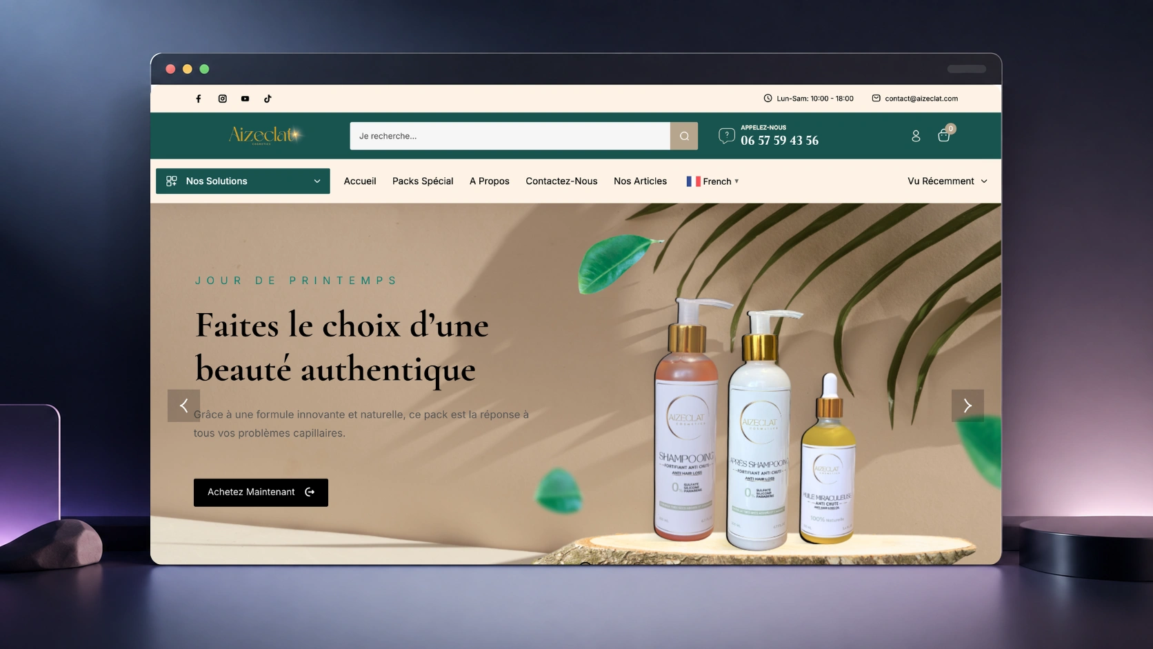 AizEclat natural-beauty storefront presented in a desktop browser mockup.