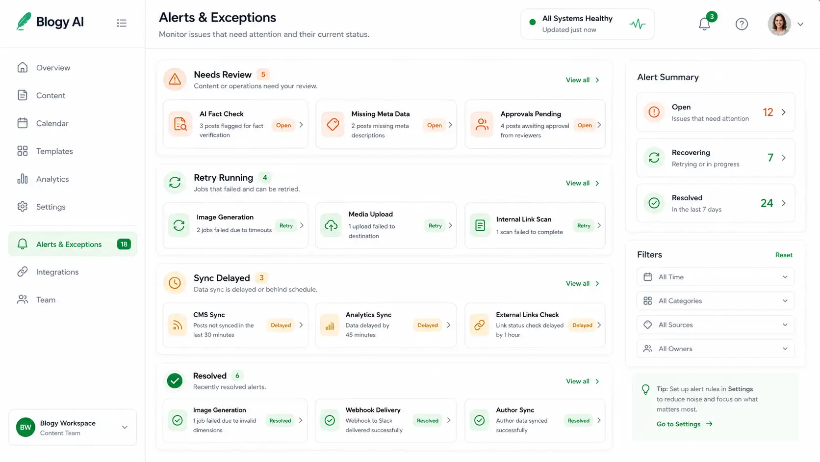 Blogy AI Content Intelligence, Alerting and exception visibility