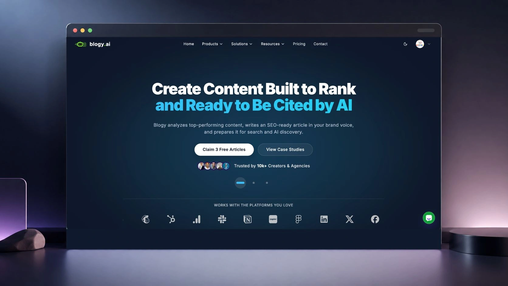 Blogy AI homepage presented in a desktop browser mockup.