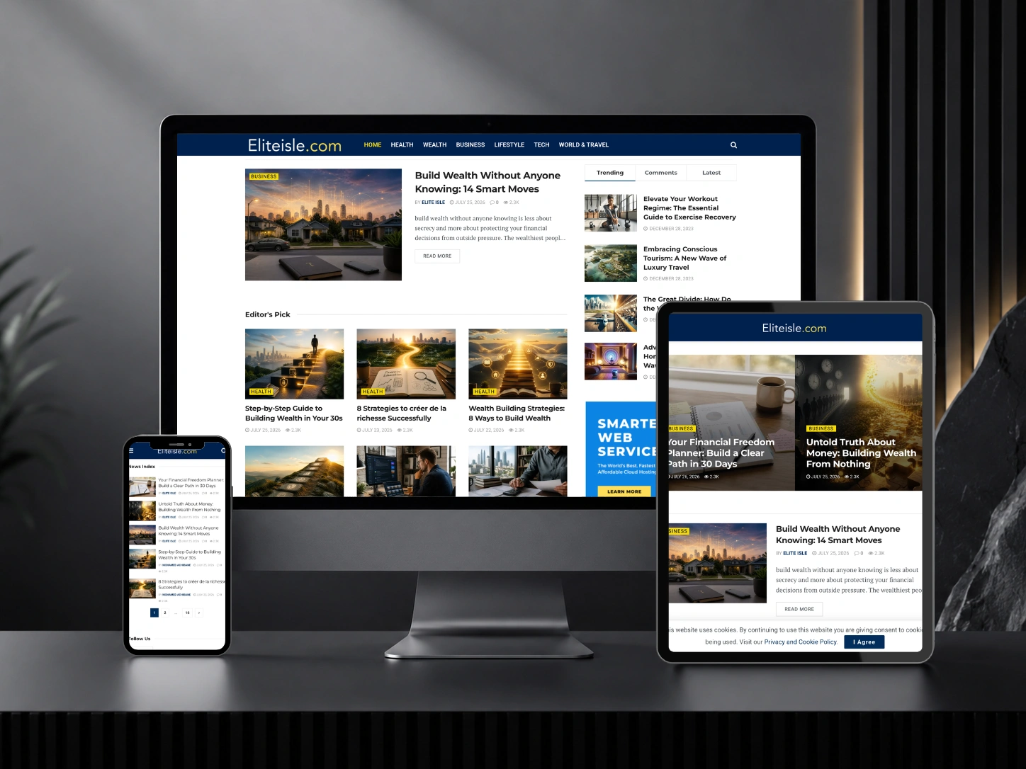 Elite Isle editorial platform displayed across desktop, tablet and mobile devices.