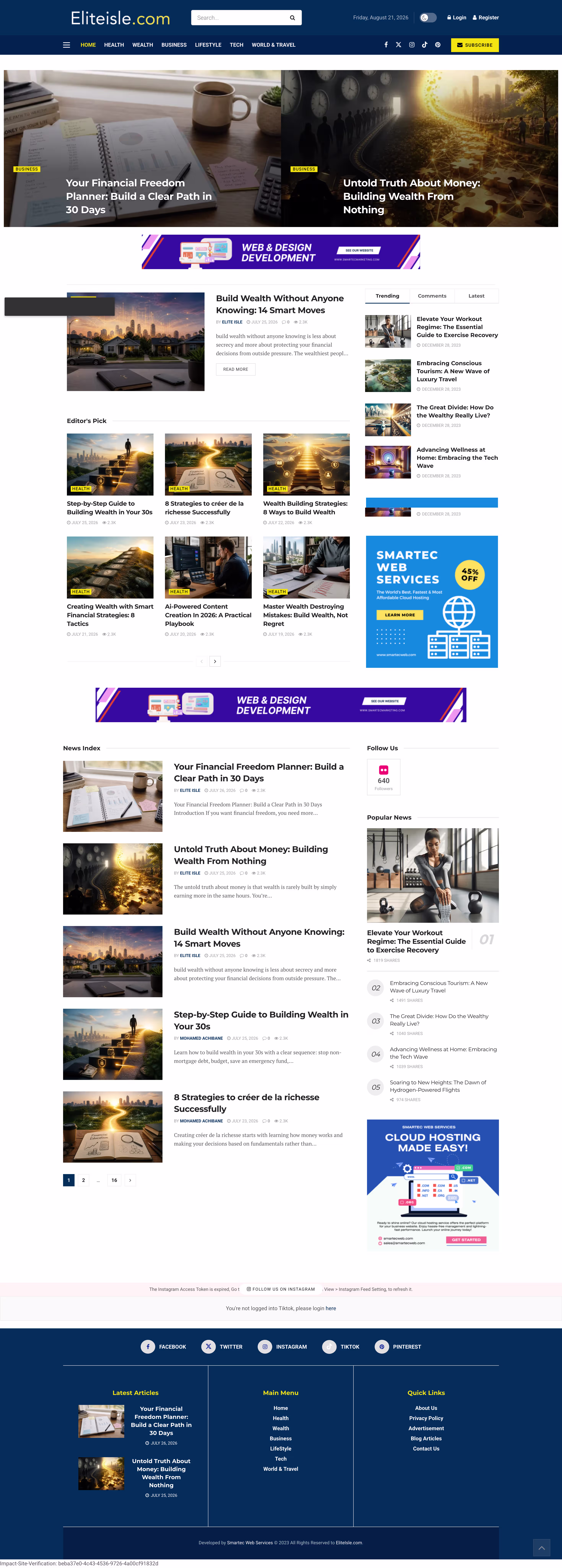 Full-length Elite Isle Editorial Platform homepage screenshot shown inside an interactive screen preview.
