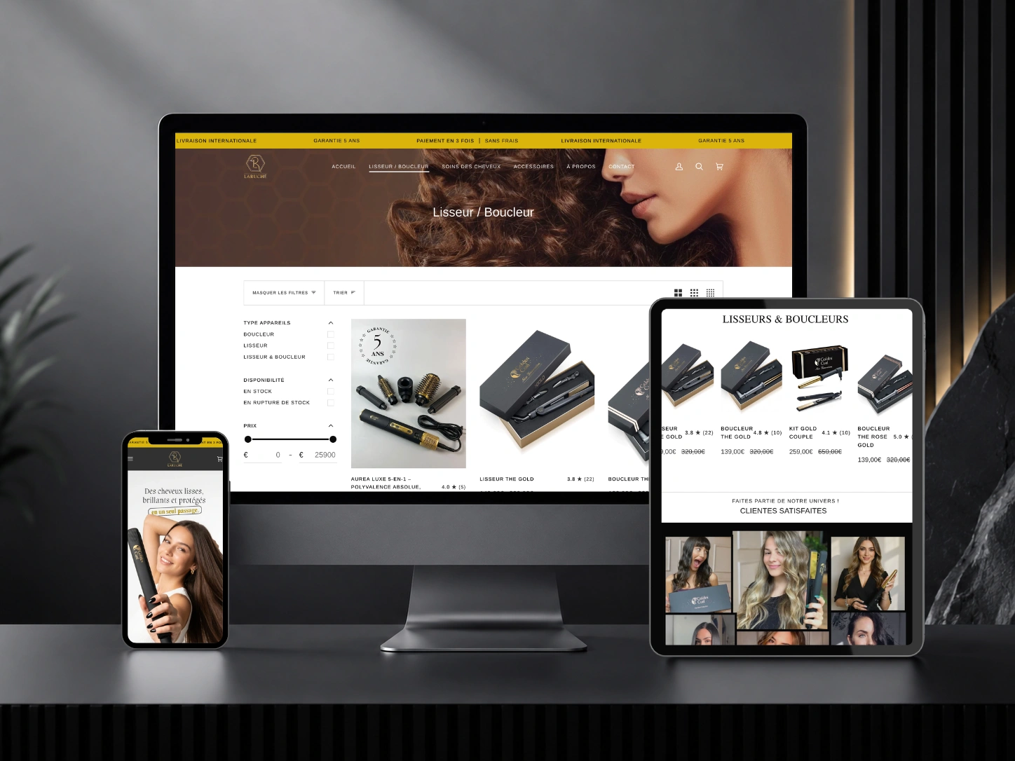 La Ruche Golden product catalog displayed across desktop, tablet and mobile devices.