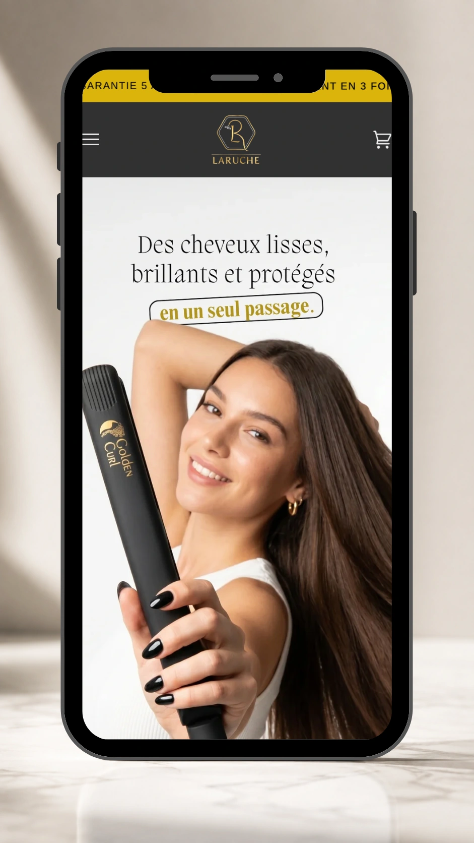 La Ruche Golden Beauty Commerce project displayed in a mobile phone mockup.