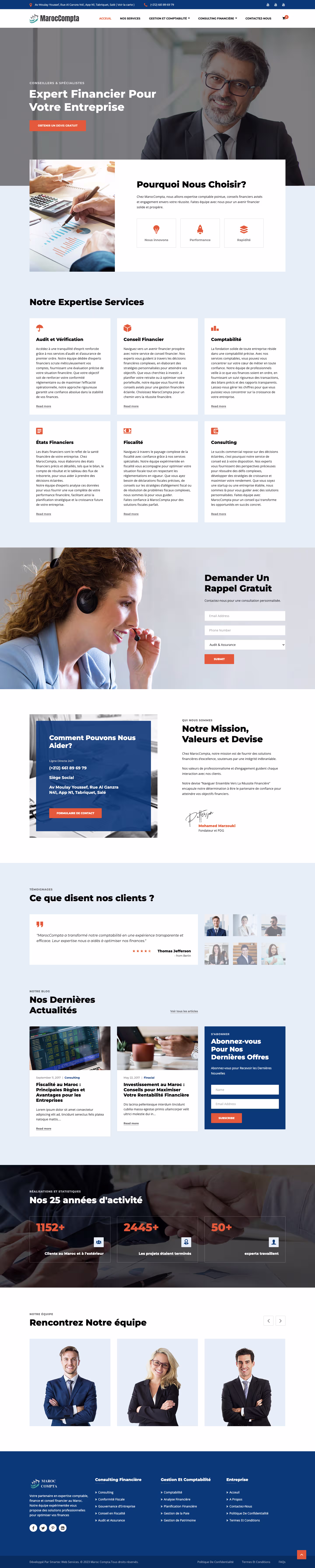 Full-length MarocCompta homepage screenshot shown inside an interactive screen preview.