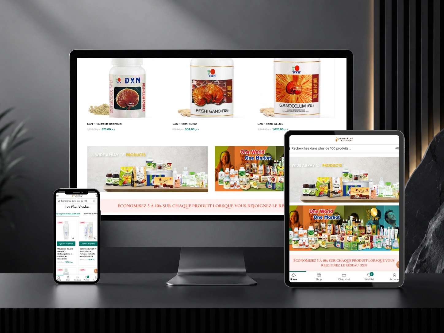 Sante Et Succes wellness storefront displayed across desktop, tablet and mobile devices.