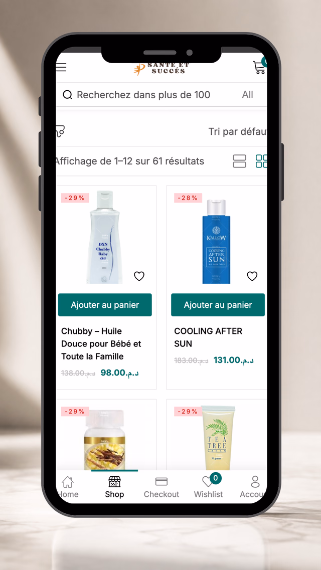 Sante Et Succes wellness product catalog displayed in a mobile phone mockup.