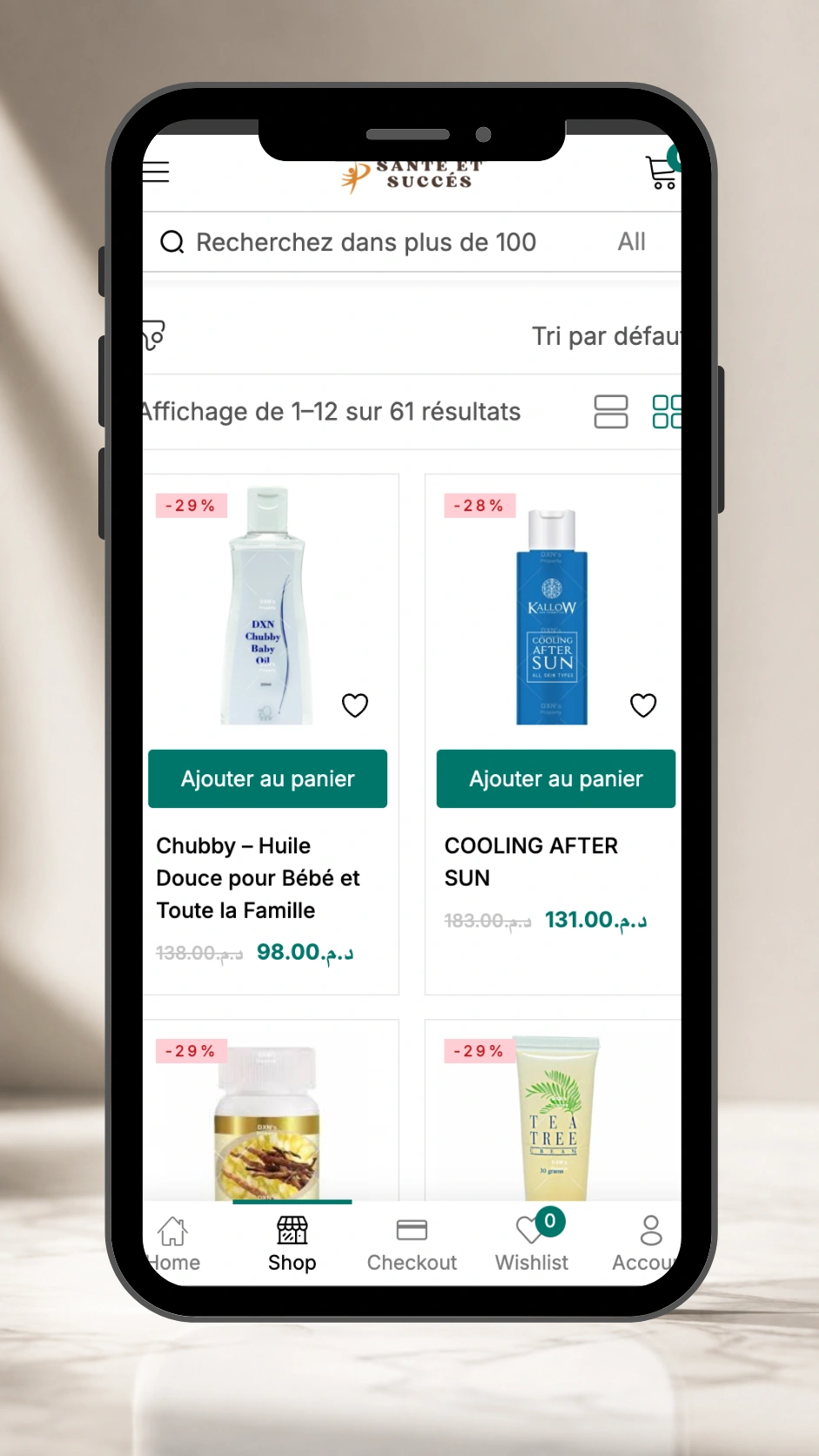 Sante Et Succes product catalog displayed in a mobile phone mockup.